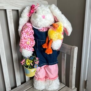 Miss Easter Bunny Plush with Duck and Flowers accents 28” Tall Like New